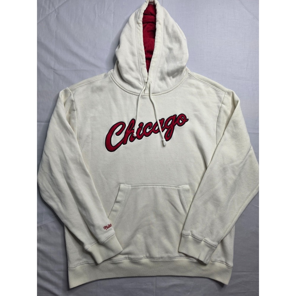 Mitchell & Ness Chicago Bulls Basketball Hoodie Mens Large Ivory Kangaroo Pocket